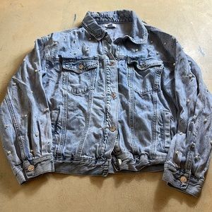 Forever 21, Jean jacket, medium light vintage wash, pearls, size large